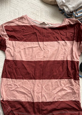 Bordo Açık Pembe Çizgili Hamile Tişört - Görsel 2