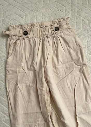 Bej Keten Beli Kemerli Rahat Pantolon - Görsel 4