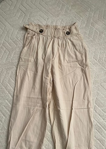 Bej Keten Beli Kemerli Rahat Pantolon - Görsel 2