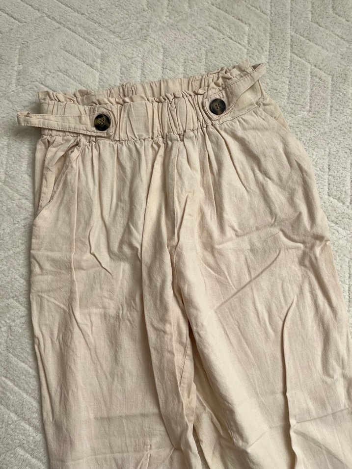 Bej Keten Beli Kemerli Rahat Pantolon - Görsel 4