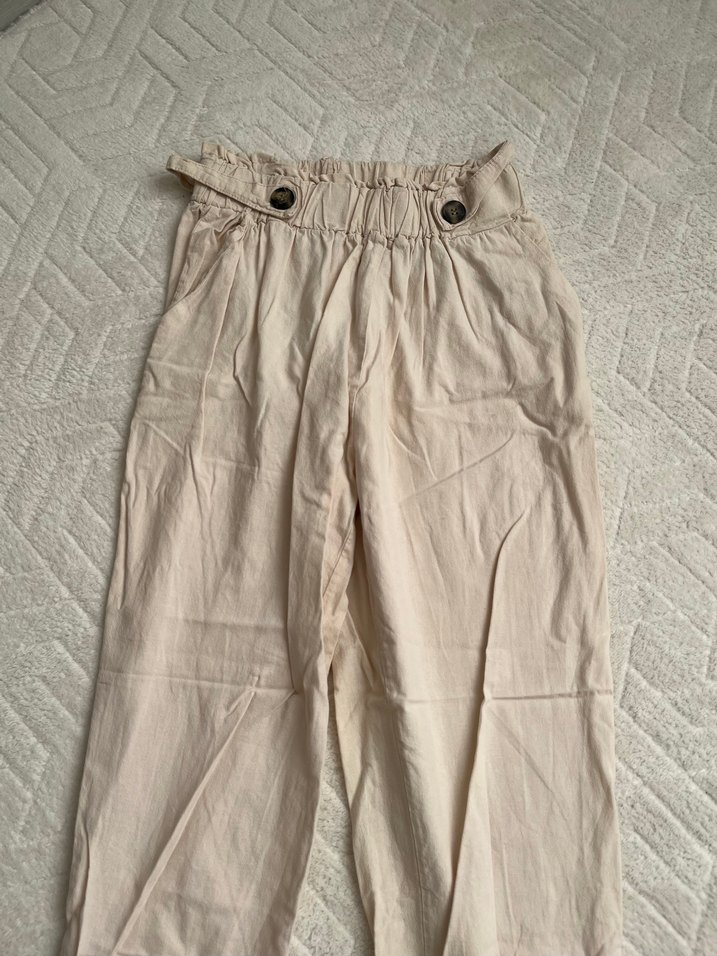 Bej Keten Beli Kemerli Rahat Pantolon - Görsel 2