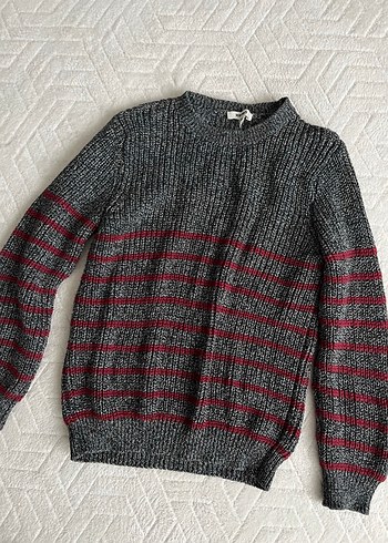 Çizgili Gri Kadın Yün Kazak - Görsel 2