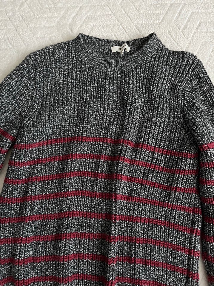 Çizgili Gri Kadın Yün Kazak - Görsel 3