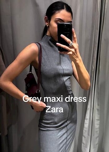 Gri Uzun Yüksek Yakalı Kolsuz Elbise - Görsel 9