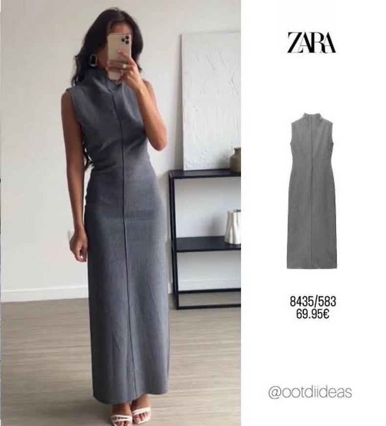 Gri Uzun Yüksek Yakalı Kolsuz Elbise - Görsel 4