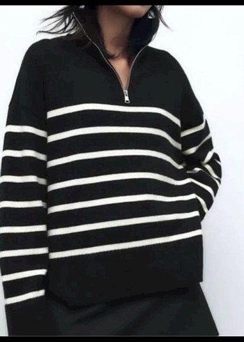 Yarım Fermuarlı Çizgili Triko Kadın Kazak - Görsel 4