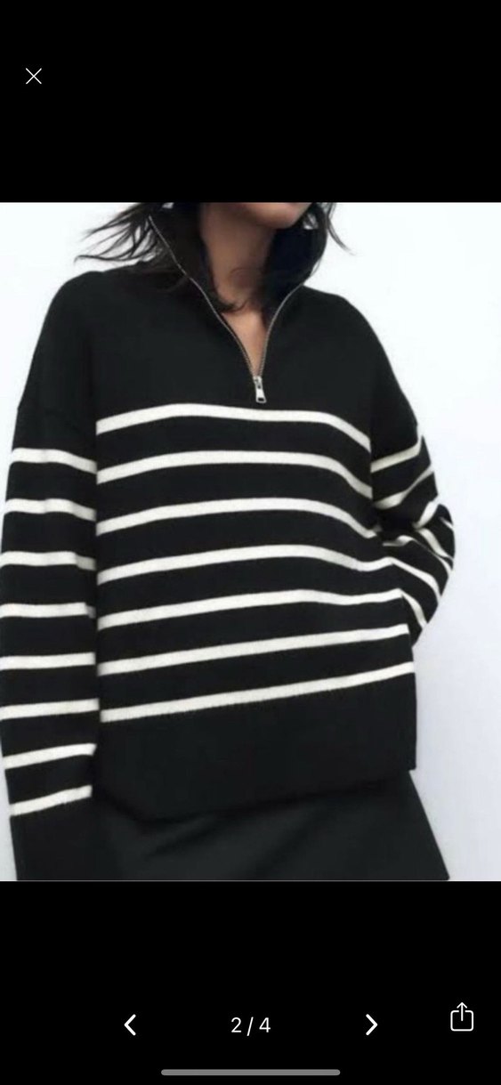 Yarım Fermuarlı Çizgili Triko Kadın Kazak - Görsel 4