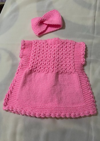 Pembe Örgü Kız Çocuk yelek ve saç bandı - Görsel 2