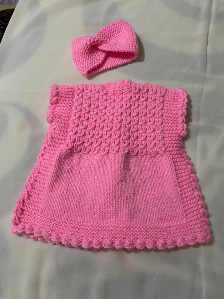 Pembe Örgü Kız Çocuk yelek ve saç bandı - Görsel 2