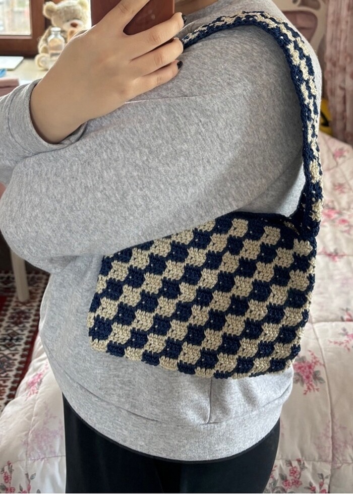 Dama desenli örgü çanta - Görsel 2