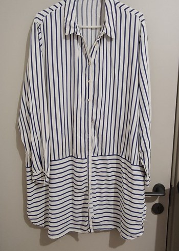 Kadın Beyaz Çizgili Uzun Kollu Midi Gömlek - Görsel 2