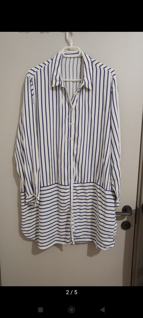 Kadın Beyaz Çizgili Uzun Kollu Midi Gömlek - Görsel 2