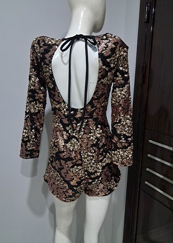 Kahverengi payet Detaylı Mini Abiye şort - Görsel 3