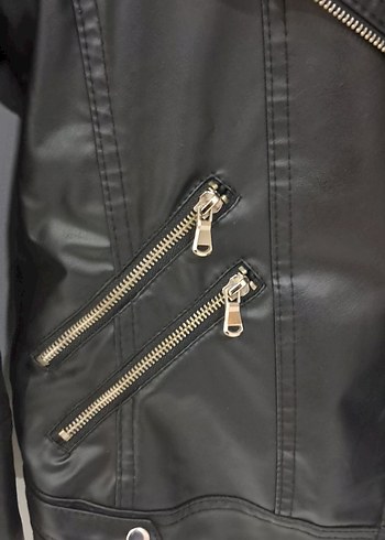 Kadın Siyah Deri Biker Ceket - Görsel 4