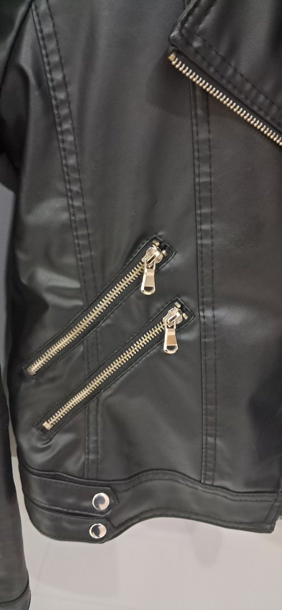 Kadın Siyah Deri Biker Ceket - Görsel 4