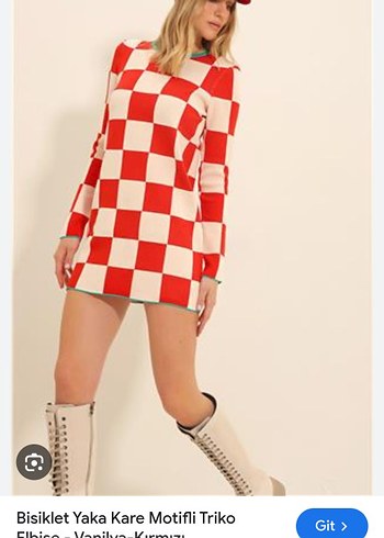 Kadın Kırmızı Beyaz Kareli Triko Elbise - Görsel 2