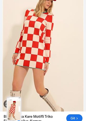 Kadın Kırmızı Beyaz Kareli Triko Elbise - Görsel 3