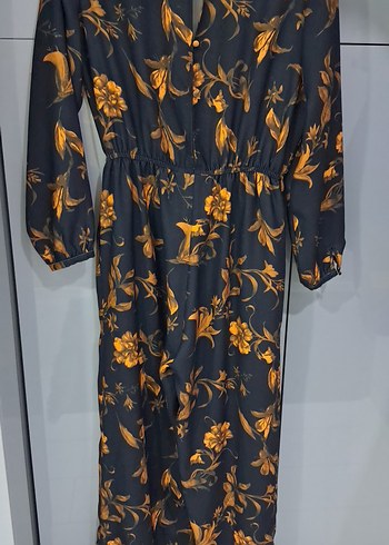 Siyah Çiçek Desenli Uzun Kadın tulum - Görsel 3