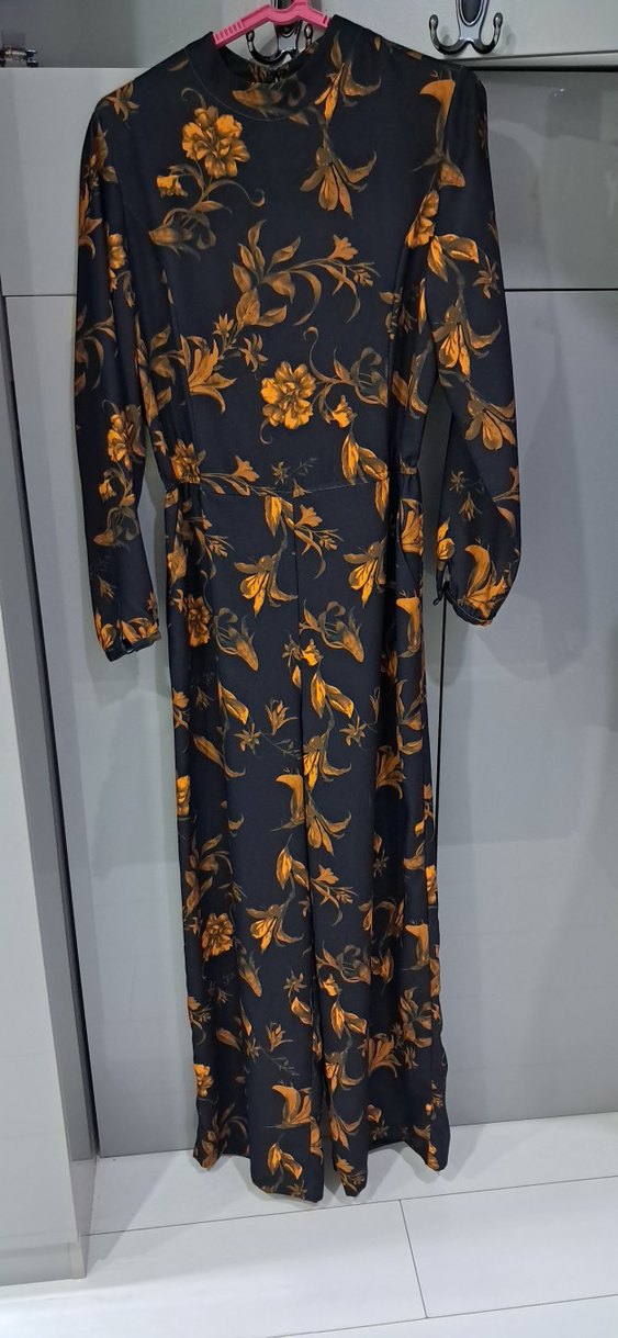 Siyah Çiçek Desenli Uzun Kadın tulum - Görsel 2