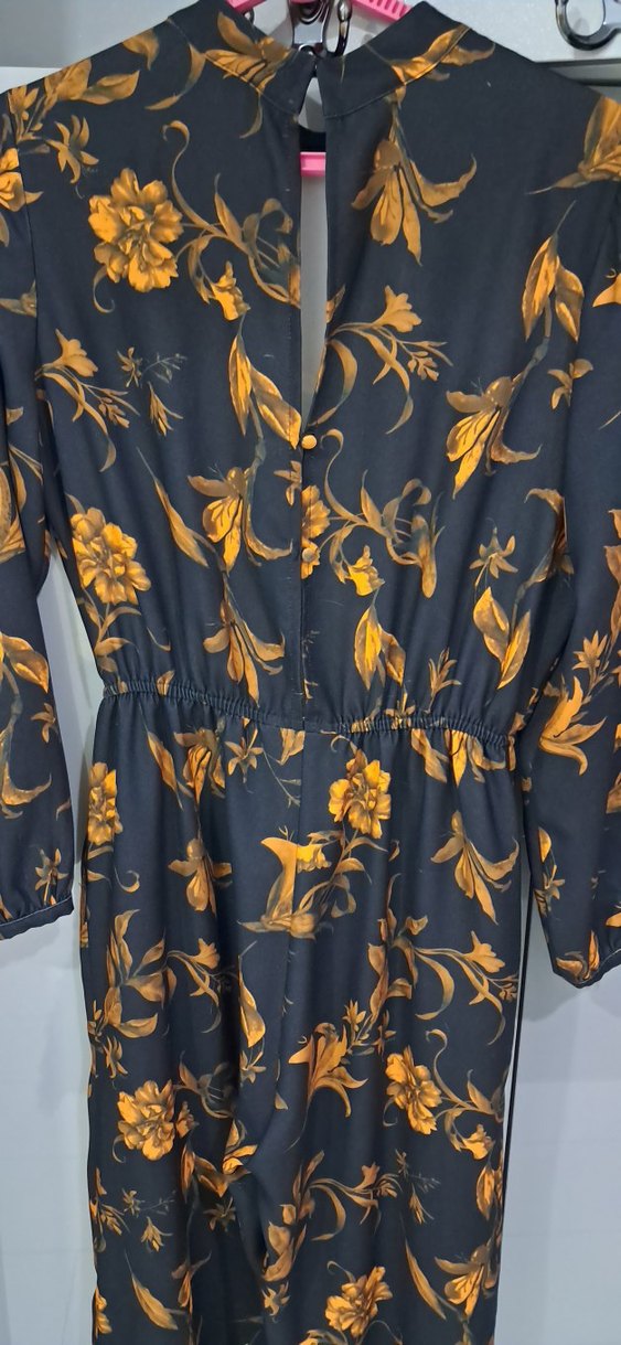 Siyah Çiçek Desenli Uzun Kadın tulum - Görsel 4