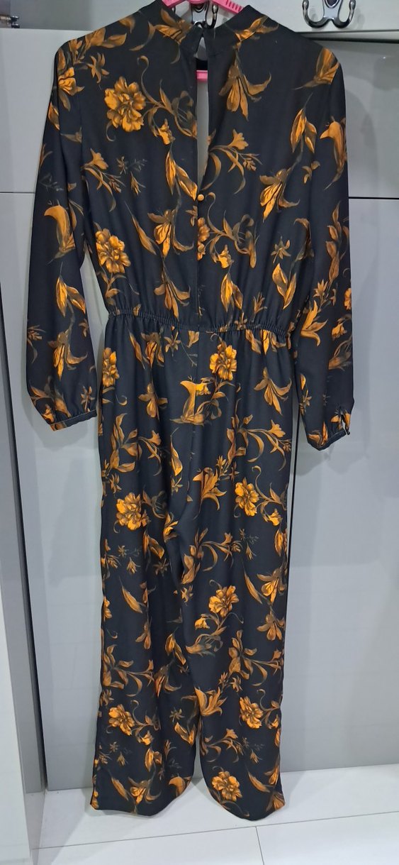 Siyah Çiçek Desenli Uzun Kadın tulum - Görsel 3