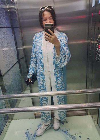 Uzun Boy Mavi Bağlama Desenli Kadın Kimono