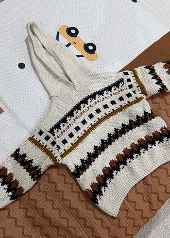 Kapüşonlu Bohem Nakışlı çocuklar Triko Kazak - Görsel 2