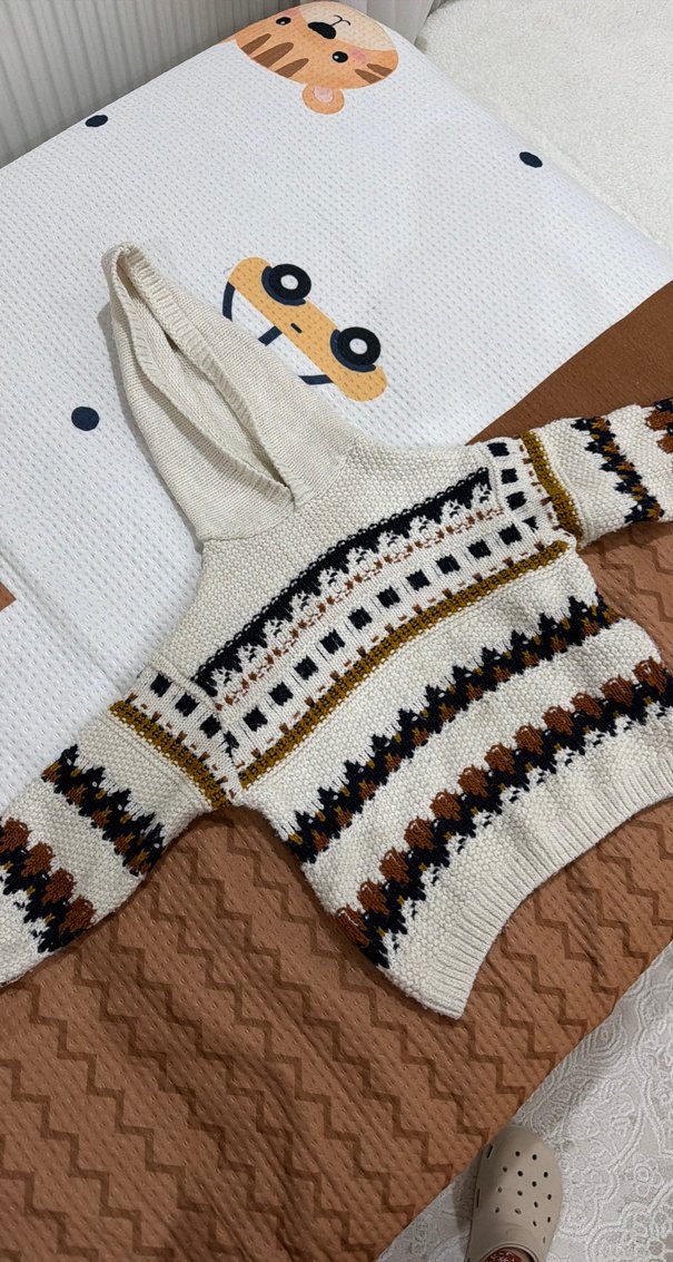 Kapüşonlu Bohem Nakışlı çocuklar Triko Kazak - Görsel 2