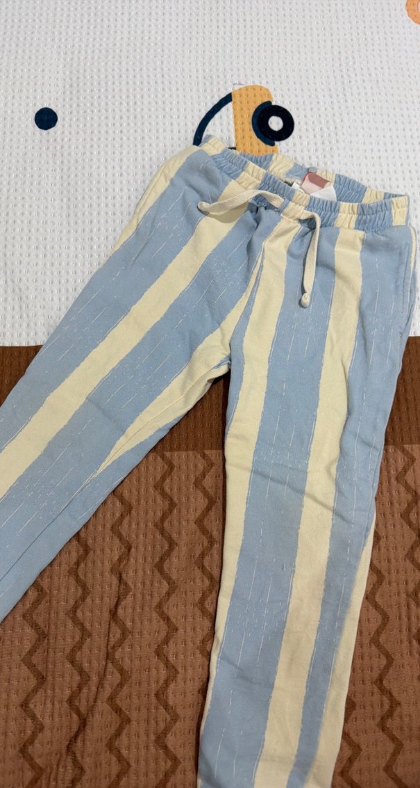 Düğmeli Mavi Bej Çizgili Pamuk Pantolon erkek çocuk - Görsel 3