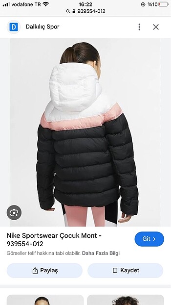 10 Yaş Beden Nike çocuk sportwear şişme mont