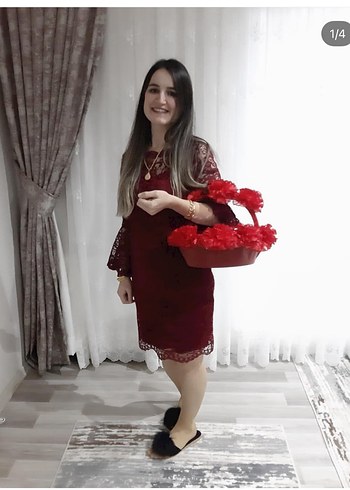 l Beden Bordo Dantel V Yaka Midi Elbise
