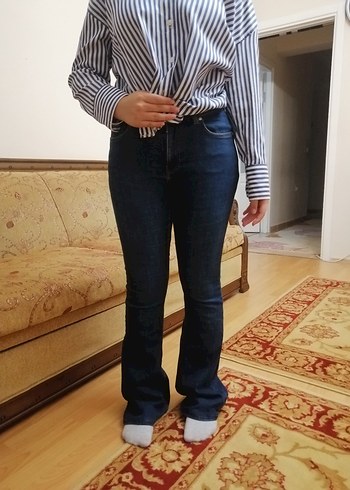 Koyu Mavi Zebra Desenli Kadın Normal Boy Kot