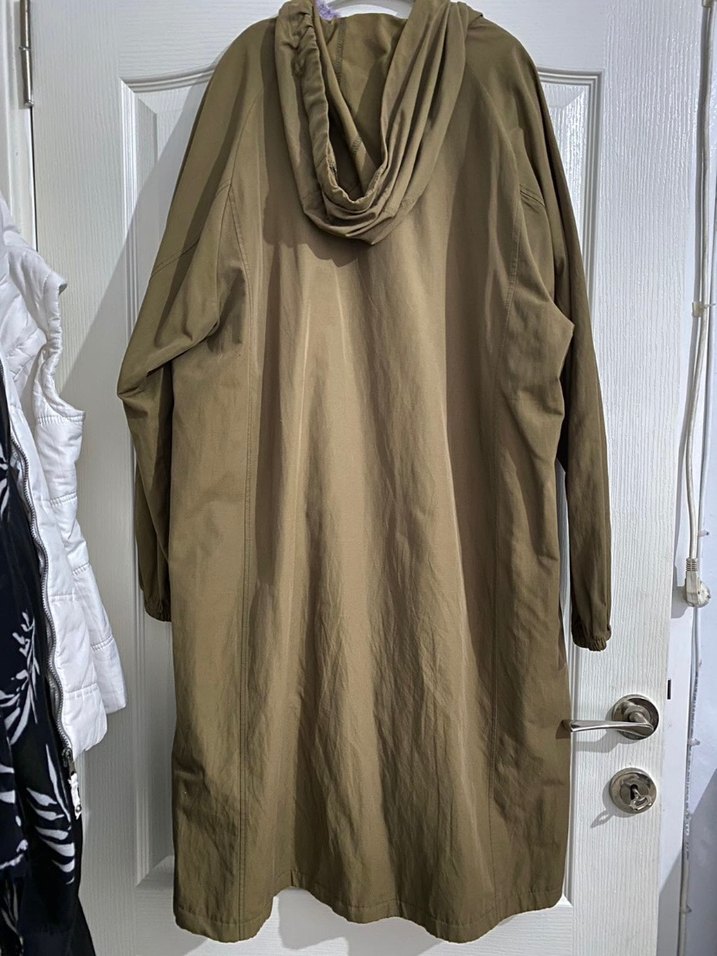 Kapüşonlu, Fermuarlı haki Uzun Trençkot - Görsel 2