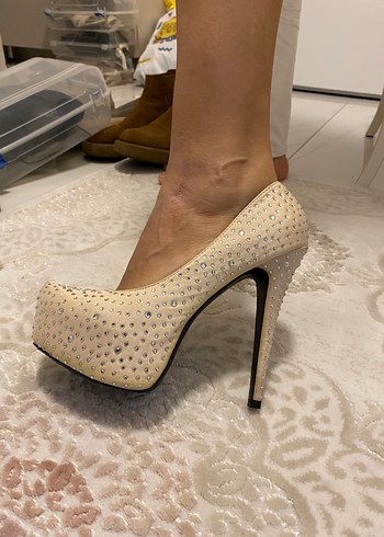 Beyaz Taşlı Platform Topuklu Kadın Abiye Ayakkabı - Görsel 5