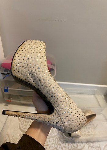 Beyaz Taşlı Platform Topuklu Kadın Abiye Ayakkabı - Görsel 8