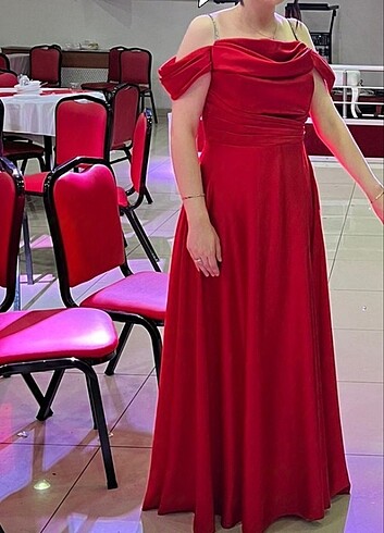 Saten Kırmızı abiye elbise 