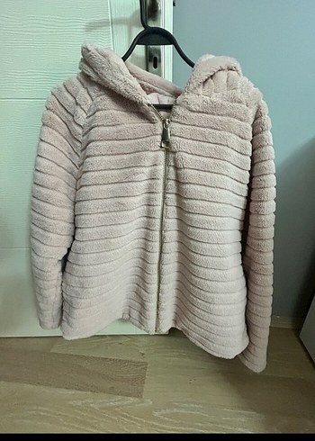 Pembe Kapüşonlu Kadın Peluş Mont - Görsel 7