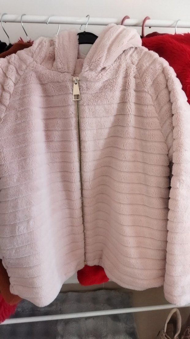 Pembe Kapüşonlu Kadın Peluş Mont - Görsel 2