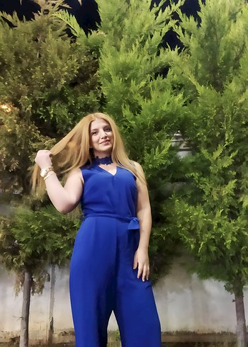 Mavi V Yakalı Drapeli Kadın Tulum - Görsel 4