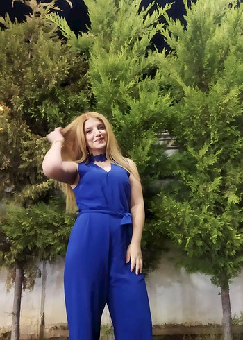 Mavi V Yakalı Drapeli Kadın Tulum - Görsel 7