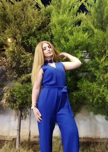 Mavi V Yakalı Drapeli Kadın Tulum - Görsel 6