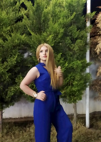 Mavi V Yakalı Drapeli Kadın Tulum - Görsel 8