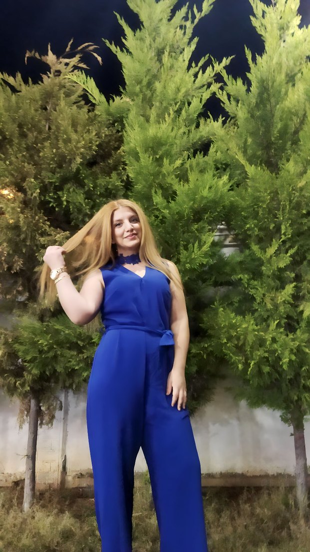 Mavi V Yakalı Drapeli Kadın Tulum - Görsel 4