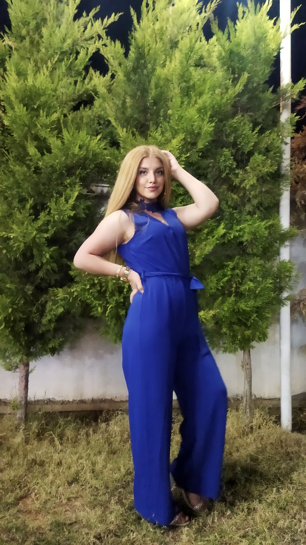 Mavi V Yakalı Drapeli Kadın Tulum - Görsel 5