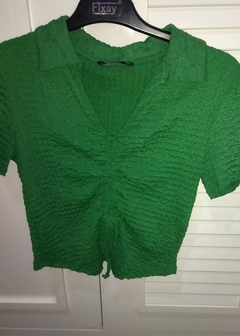 Örgü Dokulu Kısa Kollu Yeşil Bluz - Görsel 2