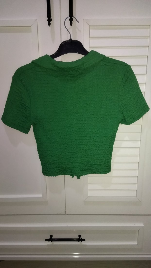 Örgü Dokulu Kısa Kollu Yeşil Bluz - Görsel 4