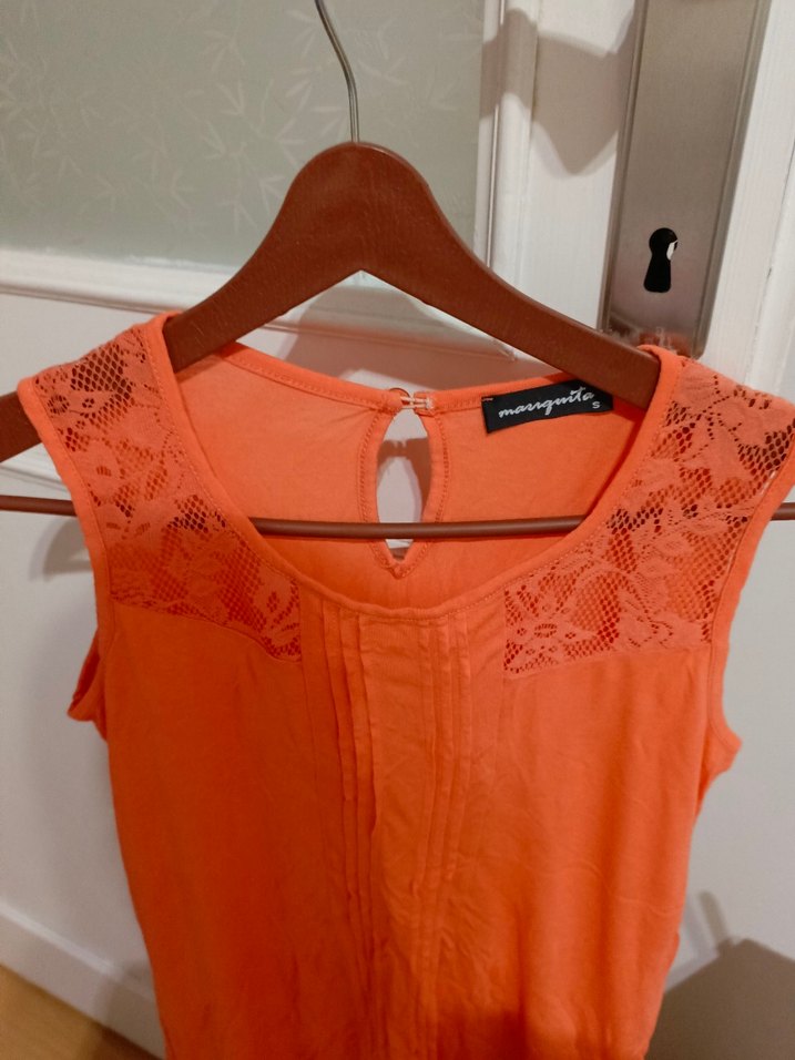 Turuncu Dantelli Kolsuz Kadın Bluz - Görsel 2