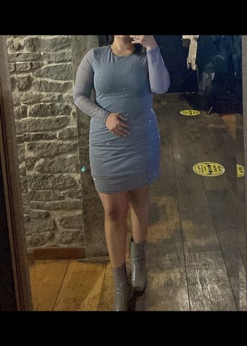 Gri Uzun Kollu Midi Denim Elbise