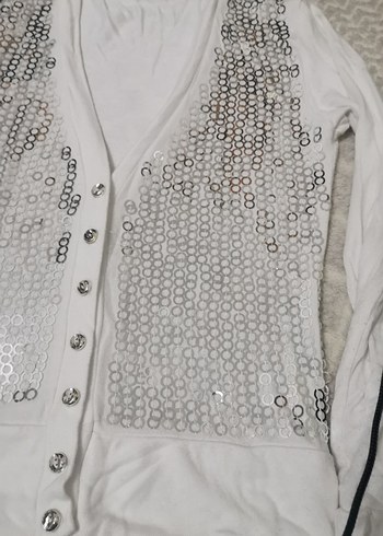 Düğmeli Beyaz pullu Kadın Hırka - Görsel 4