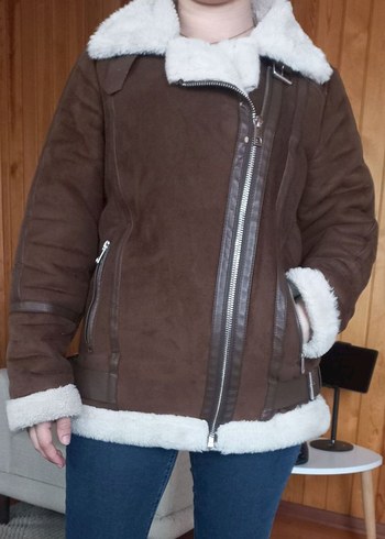 Pull and Bear Kürk Detaylı Kahverengi Süet Biker Ceket - Görsel 5